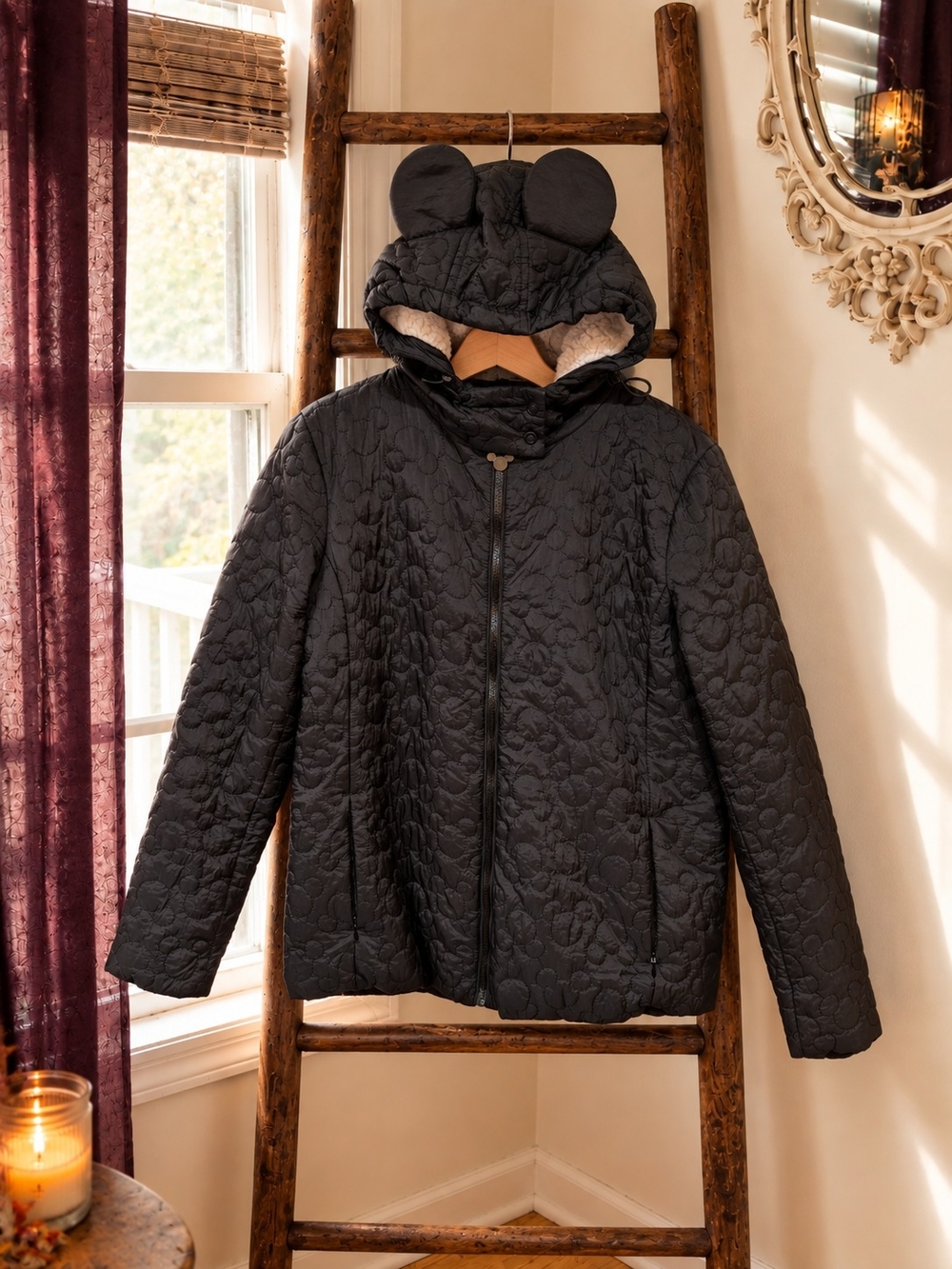 Disney Mickey Mouse Quilted Puffer Jacket Hooded Sherpa Black